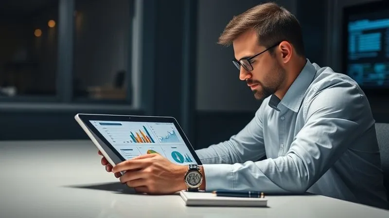 A photorealistic image of a professional at a desk, looking intently at a tablet displaying analytics charts and graphs, with a focused expression. A notebook and pen are beside the tablet. The lighting is bright and clear, emphasizing data analysis and strategic thinking. 8K, cinematic lighting.