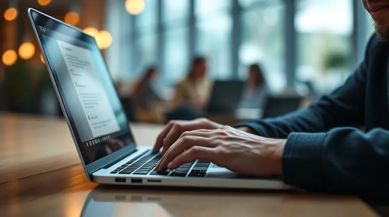 A professional sending a personalized email on a laptop, warm glow from the screen illuminating their focused face, sharp focus on the hands typing, depth of field blurring the background office setting, photorealistic, professional photography, 8K, cinematic lighting, shot on a high-end DSLR A professional sending a personalized email on a laptop, warm glow from the screen illuminating their focused face, sharp focus on the hands typing, depth of field blurring the background office setting, photorealistic, professional photography, 8K, cinematic lighting, shot on a high-end DSLR