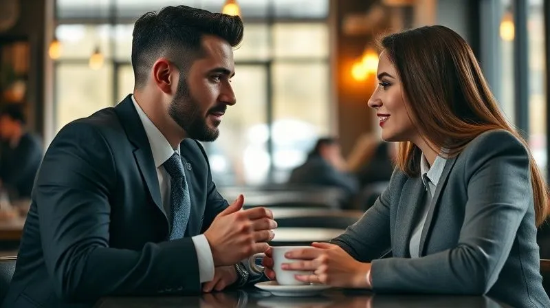 Two business professionals having a deep, engaging conversation over coffee in a stylish cafe, warm, inviting atmosphere, soft natural light, sharp focus on their expressions, depth of field blurring the background, photorealistic, professional photography, 8K, cinematic lighting, shot on a high-end DSLR Two business professionals having a deep, engaging conversation over coffee in a stylish cafe, warm, inviting atmosphere, soft natural light, sharp focus on their expressions, depth of field blurring the background, photorealistic, professional photography, 8K, cinematic lighting, shot on a high-end DSLR