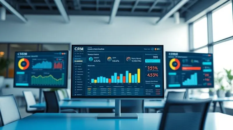 A sleek, modern CRM dashboard displayed on multiple screens in a professional office, showing data visualizations of lead pipeline and conversion rates, clean lines, ambient blue light, sharp focus, depth of field blurring the background, photorealistic, professional photography, 8K, cinematic lighting, shot on a high-end DSLR A sleek, modern CRM dashboard displayed on multiple screens in a professional office, showing data visualizations of lead pipeline and conversion rates, clean lines, ambient blue light, sharp focus, depth of field blurring the background, photorealistic, professional photography, 8K, cinematic lighting, shot on a high-end DSLR