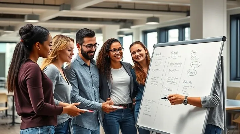 A diverse group of smiling, engaged employees collaborating energetically in a modern, open-plan office space. They are gathered around a whiteboard, actively brainstorming, with a sense of purpose and camaraderie. photorealistic, professional photography, 8K, cinematic lighting, sharp focus, depth of field, shot on a high-end DSLR.