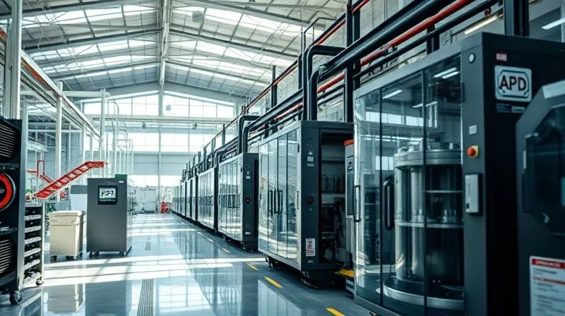 A modern factory floor with advanced machinery, bathed in natural light, demonstrating efficient, sustainable operations. There are clear signs of waste reduction and optimized resource use, with a focus on clean energy solutions visible in the background. photorealistic, professional photography, 8K, cinematic lighting, sharp focus, depth of field, shot on a high-end DSLR.