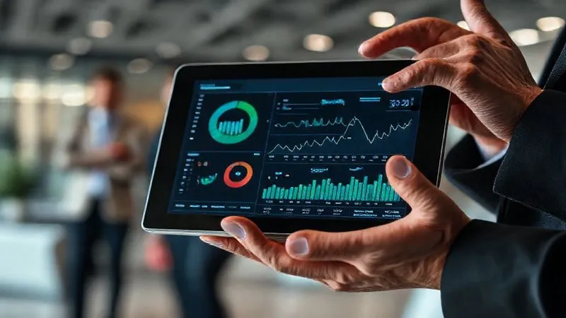 A photorealistic close-up of a business executive's hands, one holding a tablet displaying complex financial metrics and the other gesturing thoughtfully, with a subtle background of a modern office and blurred colleagues. Professional photography, 8K, cinematic lighting, sharp focus on the hands and tablet, depth of field, shot on a high-end DSLR.