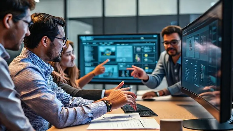 A photorealistic image of a diverse project team, including HR and IT professionals, collaboratively reviewing a detailed software interface on a large monitor. The team is engaged in discussion, pointing at key functionalities, conveying a sense of thorough evaluation and strategic decision-making. Professional photography, 8K, cinematic lighting, sharp focus on the team and screen, depth of field, shot on a high-end DSLR.