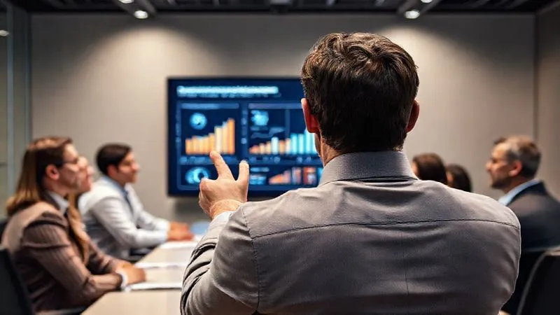 A photorealistic shot from behind an HR professional, looking out at a modern boardroom where executives are engaged and listening intently. The presenter is confidently gesturing towards a large screen displaying a compelling data visualization of HR impact and ROI. Professional photography, 8K, cinematic lighting, sharp focus on the presenter and screen, depth of field, shot on a high-end DSLR.