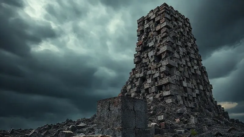 photorealistic, professional photography, 8K, cinematic lighting, sharp focus, depth of field, shot on a high-end DSLR, a dramatic image of a towering, complex structure made of precarious, mismatched blocks, with visible cracks and signs of imminent collapse, set against a dark, stormy sky. In the foreground, a single, modern, untouched block stands apart, representing a missed opportunity for a solid foundation. The scene evokes a sense of impending architectural disaster and neglected maintenance.