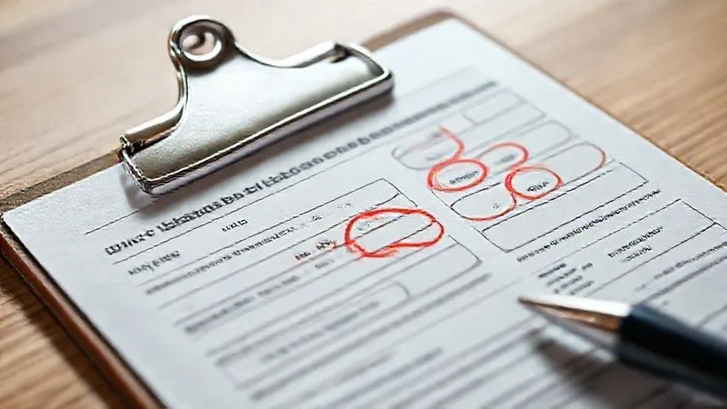 A photorealistic close-up of a complex customs declaration form with various fields like HS code, value, and origin, with red circles highlighting potential errors. The form is on a clipboard with a pen, under bright, focused light, suggesting scrutiny. Professional photography, 8K, cinematic lighting, sharp focus, depth of field.