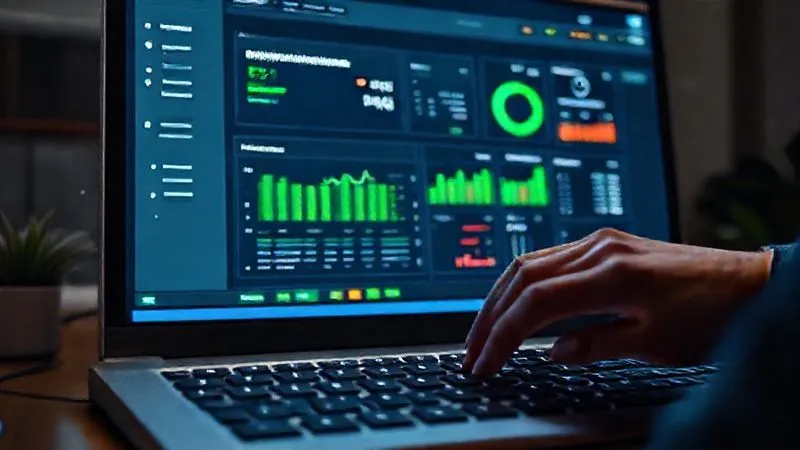 A photorealistic image of a sleek, modern computer screen displaying a trade compliance software dashboard with various charts, data points, and forms, showing 'Compliance Status: Green' and 'Error Rate: 0.1%'. A person's hands are lightly resting on a keyboard in the foreground, suggesting control and efficiency. Professional photography, 8K, cinematic lighting, sharp focus, depth of field.