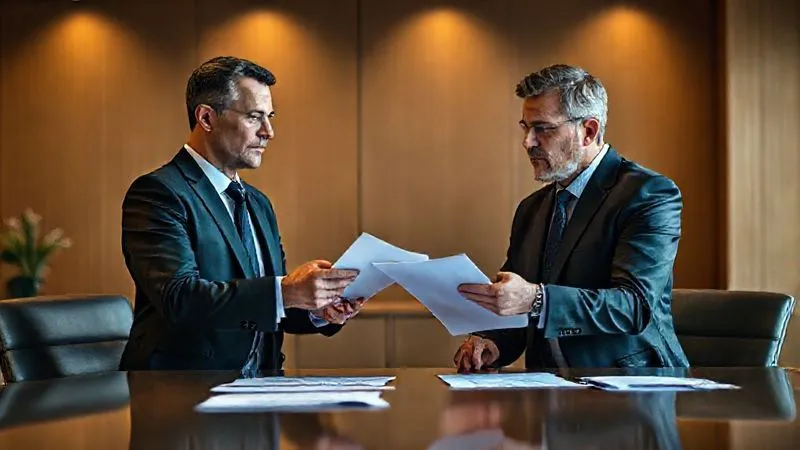 A photorealistic image of two people in a professional office setting, one appearing to be a customs officer or legal counsel in a dark suit, the other an importer, discussing documents across a large desk. Their body language suggests serious negotiation or explanation, with a sense of resolution. Professional photography, 8K, cinematic lighting, sharp focus, depth of field.