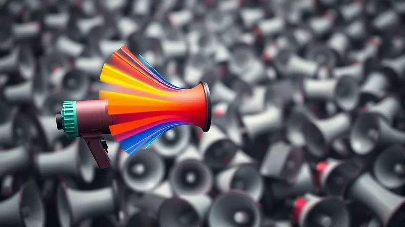 A photorealistic professional photography, 8K, cinematic lighting, sharp focus, depth of field shot on a high-end DSLR of a single, vibrant megaphone emitting a unique, colorful soundwave that clearly stands out from a muted, grey background of many identical, generic megaphones, symbolizing a distinct and powerful brand message cutting through noise. A photorealistic professional photography, 8K, cinematic lighting, sharp focus, depth of field shot on a high-end DSLR of a single, vibrant megaphone emitting a unique, colorful soundwave that clearly stands out from a muted, grey background of many identical, generic megaphones, symbolizing a distinct and powerful brand message cutting through noise.