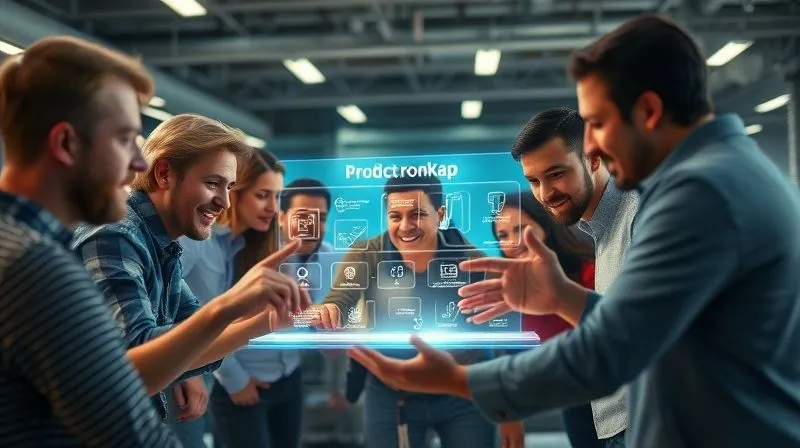A photorealistic professional photography, 8K, cinematic lighting, sharp focus, depth of field shot on a high-end DSLR of a diverse, energetic team working collaboratively around a glowing holographic projection of a product roadmap, with focused expressions and hands gesturing towards solutions, symbolizing agile development and relentless execution. The background shows a modern, dynamic office space. A photorealistic professional photography, 8K, cinematic lighting, sharp focus, depth of field shot on a high-end DSLR of a diverse, energetic team working collaboratively around a glowing holographic projection of a product roadmap, with focused expressions and hands gesturing towards solutions, symbolizing agile development and relentless execution. The background shows a modern, dynamic office space.