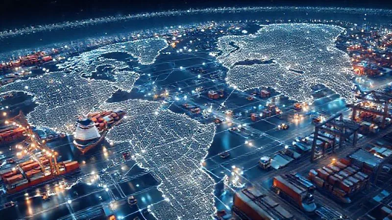 A photorealistic overhead view of a complex, efficient global supply chain network, with cargo ships, trucks, and warehouses seamlessly connected by digital data flows. Cinematic lighting, sharp focus on the interconnectedness, depth of field blurring the distant horizons. 8K hyper-detailed.