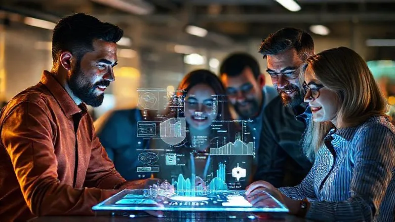A photorealistic image of a vibrant, innovative startup team collaborating around a holographic projection displaying complex data visualizations and new product designs. Cinematic lighting, sharp focus on the team's faces, depth of field blurring the futuristic office background. 8K hyper-detailed.