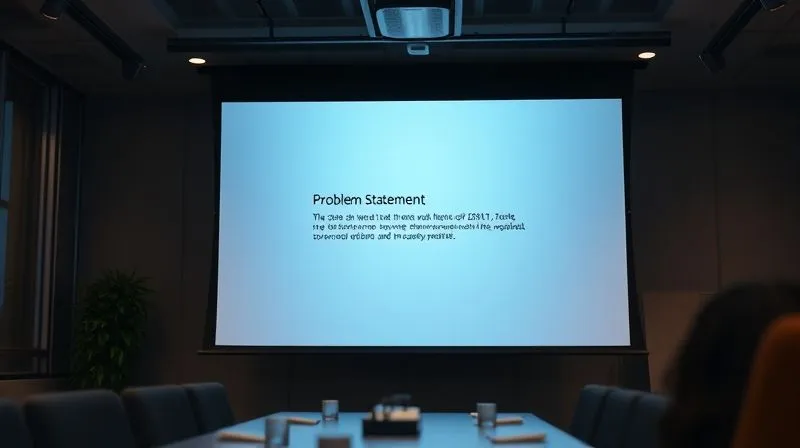 A photorealistic image of a minimalist, well-designed pitch deck slide showing a clear problem statement and an elegant solution icon, projected onto a modern conference room screen. Cinematic lighting, sharp focus, depth of field blurring the room, 8K hyper-detailed, shot on a high-end DSLR.