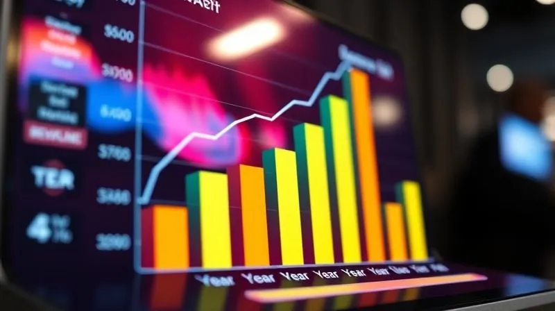 A photorealistic 3D bar chart showing significant year-over-year revenue growth, clean design, vibrant colors, on a digital screen. Cinematic lighting, sharp focus on the chart, depth of field blurring the background, 8K hyper-detailed, shot on a high-end DSLR.