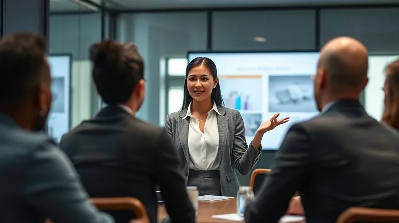 A photorealistic image of a confident female entrepreneur presenting her pitch deck in a modern, well-lit board room to a diverse group of attentive angel investors. She is making eye contact and gesturing naturally. Cinematic lighting, sharp focus on the presenter, depth of field blurring the background, 8K hyper-detailed, shot on a high-end DSLR.