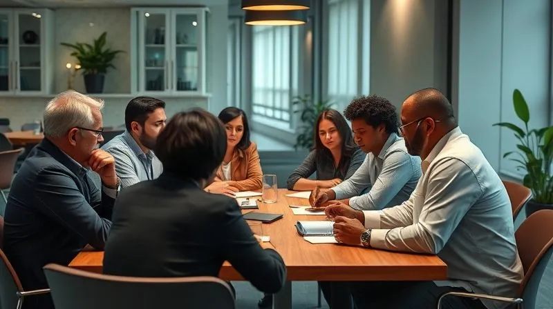 photorealistic, professional photography, 8K, cinematic lighting, sharp focus, depth of field, shot on a high-end DSLR, a diverse group of employees sitting around a table with a leader, all engaged in active listening and empathetic discussion, some taking notes, the atmosphere is one of open communication and trust, with a subtle hint of hope for future improvements.
