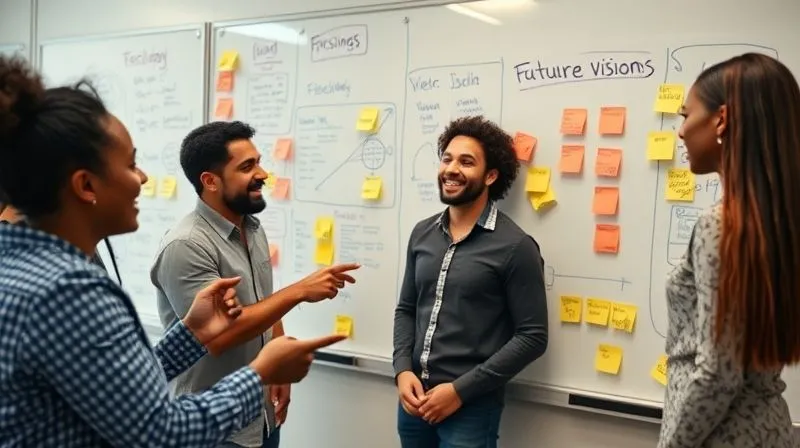 photorealistic, professional photography, 8K, cinematic lighting, sharp focus, depth of field, shot on a high-end DSLR, a diverse team collaborating on a large whiteboard filled with ideas and sticky notes, smiling and pointing, showing active engagement and shared ownership in crafting a future vision, with a sense of collective energy and creative flow.