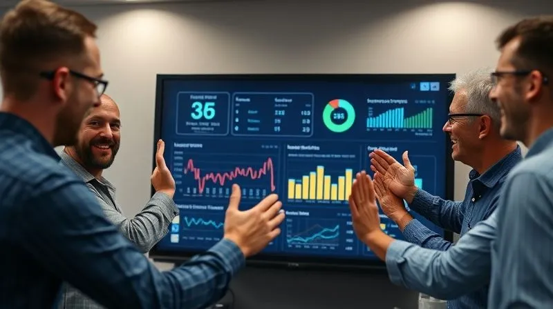 photorealistic, professional photography, 8K, cinematic lighting, sharp focus, depth of field, shot on a high-end DSLR, a team gathered around a large digital dashboard displaying key performance indicators and progress charts, celebrating a small but significant milestone with genuine smiles and high-fives, symbolizing tangible progress towards a larger vision.