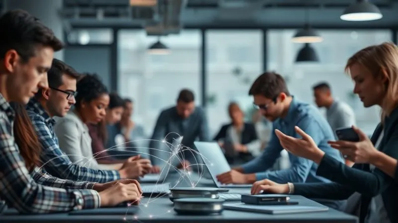 A photorealistic image showing a well-organized project team working collaboratively, each member focused on a manageable task, with a clear, balanced workflow visualized by subtle glowing lines connecting their tasks. In contrast, a blurred background shows a chaotic, overloaded team with individuals looking stressed and juggling too many items. Professional photography, 8K, cinematic lighting, sharp focus on the organized team, depth of field.