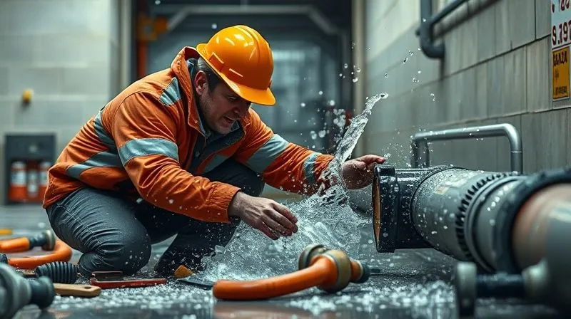 A photorealistic image of a facility maintenance worker scrambling to fix a burst pipe, water gushing, tools scattered, conveying chaos and urgency. Cinematic lighting, sharp focus on the worker, depth of field blurring the background, 8K hyper-detailed.