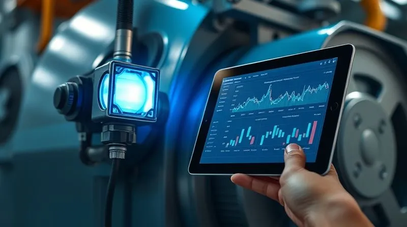 A photorealistic image of a sophisticated sensor attached to a large industrial machine, glowing with a soft blue light, connected to a tablet displaying real-time data and predictive analytics charts. Cinematic lighting, sharp focus on the sensor and tablet, depth of field blurring the background, 8K hyper-detailed.