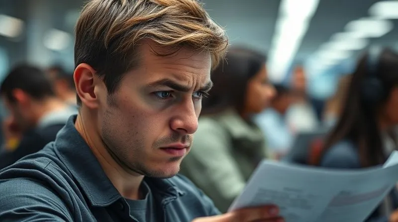 A photorealistic, professional photography, 8K, cinematic lighting, sharp focus, depth of field, shot on a high-end DSLR, depicting a customer's face subtly contorted with frustration and disappointment, looking at a broken product or a confusing document, with a blurred background of a chaotic call center or a long queue, conveying a sense of helplessness and escalating anger.