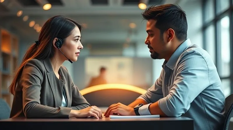 A photorealistic, professional photography, 8K, cinematic lighting, sharp focus, depth of field, shot on a high-end DSLR, showing two diverse individuals, one a customer service agent (calm, open posture) and the other a customer (initially tense, now slightly relaxed), making eye contact across a desk. A subtle, warm light emanates from between them, symbolizing a bridge of understanding and connection being formed, with a focus on their expressions of mutual respect and dawning empathy.