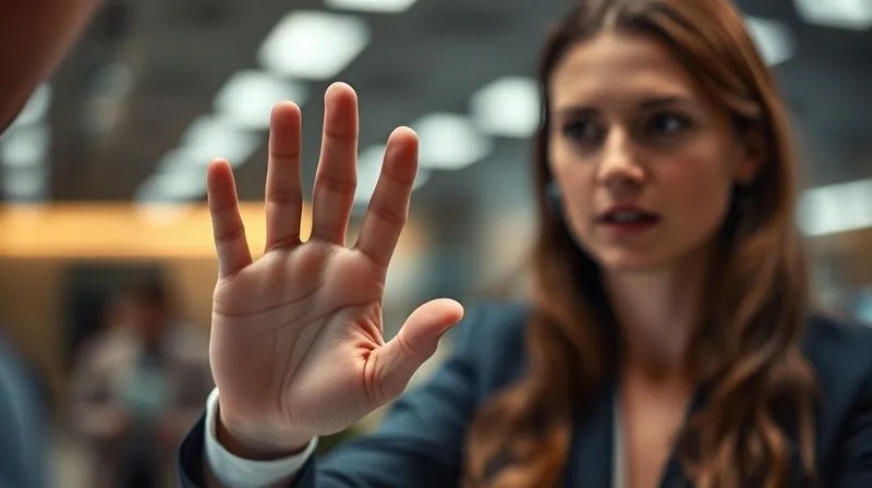A photorealistic, professional photography, 8K, cinematic lighting, sharp focus, depth of field, shot on a high-end DSLR, showing a customer service agent (calm, composed, professional) holding up a hand gently but firmly towards a slightly blurred, agitated customer. The agent's expression is empathetic but resolute, conveying the act of setting a boundary respectfully. Cinematic lighting highlights the agent's clarity and professionalism, with a subtle barrier of light between them.