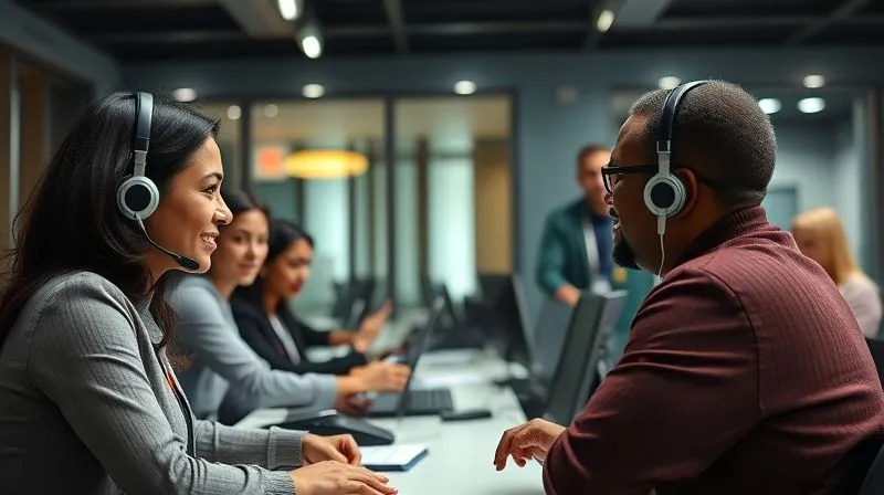 A photorealistic, professional photography, 8K, cinematic lighting, sharp focus, depth of field, shot on a high-end DSLR, showing a diverse group of customer service agents in a modern training room, actively engaged in a role-playing exercise. One agent, looking calm and focused, is demonstrating active listening to another agent playing an 'angry customer'. A mentor figure is observing with encouraging body language, emphasizing a positive and educational atmosphere. The scene is well-lit, highlighting learning and collaboration.