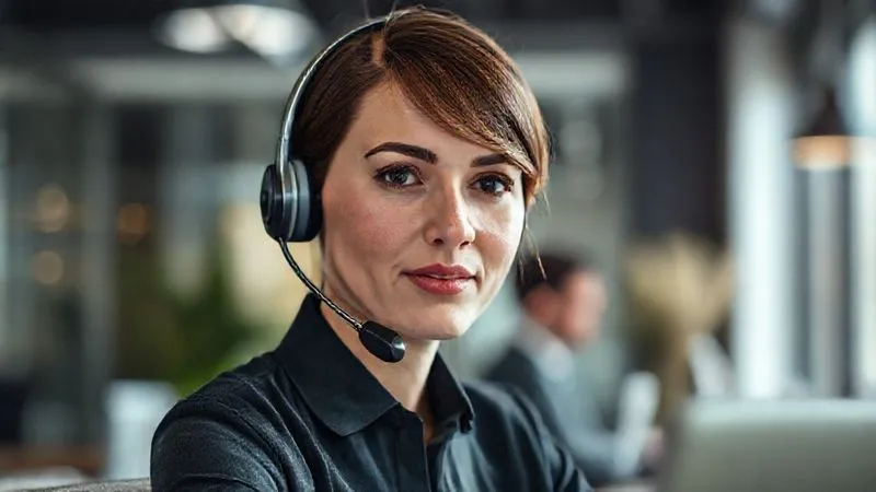 A photorealistic image of a customer service representative, calm and focused, wearing a headset, in a modern, well-lit office environment. The background shows a blurry, agitated digital representation of a customer. 8K, cinematic lighting, sharp focus on the representative, depth of field, shot on a high-end DSLR.