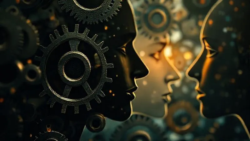 A photorealistic abstract image depicting interwoven gears and human faces, symbolizing the complex interplay of emotional intelligence in professional communication. Soft, warm lighting. 8K, cinematic lighting, sharp focus, depth of field, shot on a high-end DSLR.