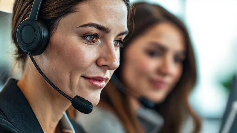 A photorealistic close-up of a customer service agent wearing a headset, with a calm and empathetic expression, actively listening. Their eyes are focused, and a slight nod suggests understanding. The background is softly blurred, showing a modern office environment. 8K, cinematic lighting, professional photography, sharp focus, depth of field, shot on a high-end DSLR.