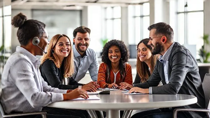 A photorealistic diverse team of customer service agents in a modern, brightly lit office, engaging in a collaborative discussion around a table. They are smiling, making eye contact, and appear supportive and engaged. 8K, cinematic lighting, professional photography, sharp focus, depth of field, shot on a high-end DSLR.