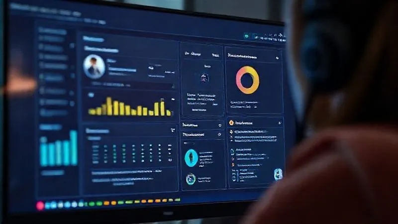 A photorealistic close-up of a customer service agent's computer screen, displaying a sophisticated CRM interface with various data points: customer history, sentiment analysis dashboard, and suggested de-escalation phrases. The screen is sharp and clear, with a subtle glow, indicating advanced technology. 8K, cinematic lighting, professional photography, sharp focus, depth of field, shot on a high-end DSLR.