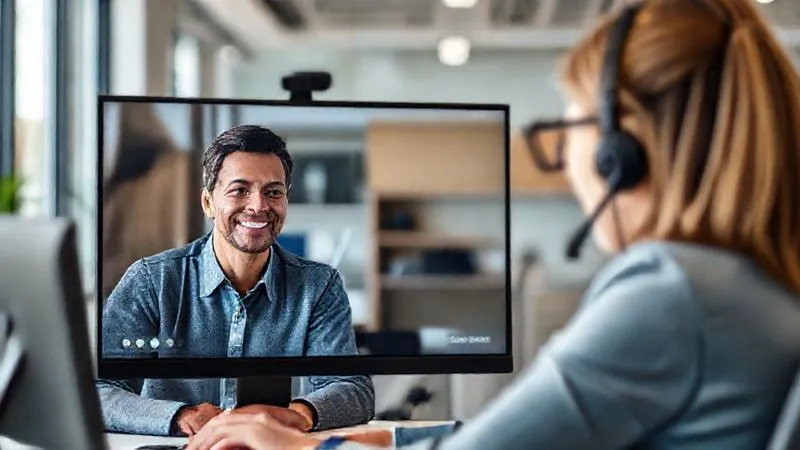 A photorealistic image depicting a positive customer service interaction. A smiling customer is seen on a video call with a calm, professional agent, both looking engaged and satisfied. The background shows a modern, bright office setting. 8K, cinematic lighting, professional photography, sharp focus, depth of field, shot on a high-end DSLR.