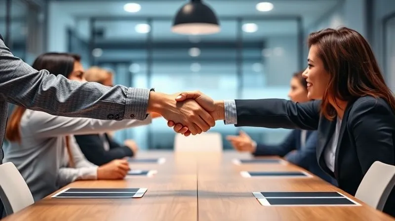 A photorealistic image of a leader and a team member shaking hands firmly across a conference table, symbolizing trust and empowerment. The background shows a collaborative, modern office environment. Cinematic lighting, sharp focus on their hands and expressions, depth of field blurring the background, 8K hyper-detailed, shot on a high-end DSLR.