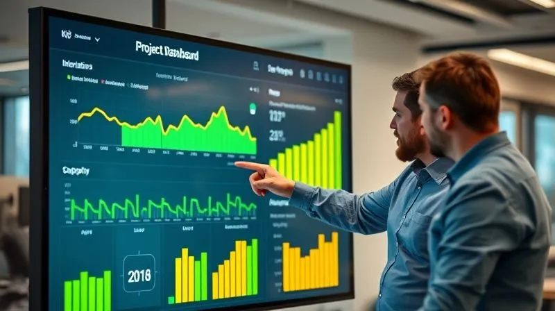 A photorealistic image of a project dashboard on a large monitor, displaying key performance indicators (KPIs) with green and yellow progress bars. A leader is pointing to a specific metric while discussing with a team member, symbolizing oversight and feedback. Cinematic lighting, sharp focus on the screen and their interaction, depth of field blurring the office background, 8K hyper-detailed, shot on a high-end DSLR.