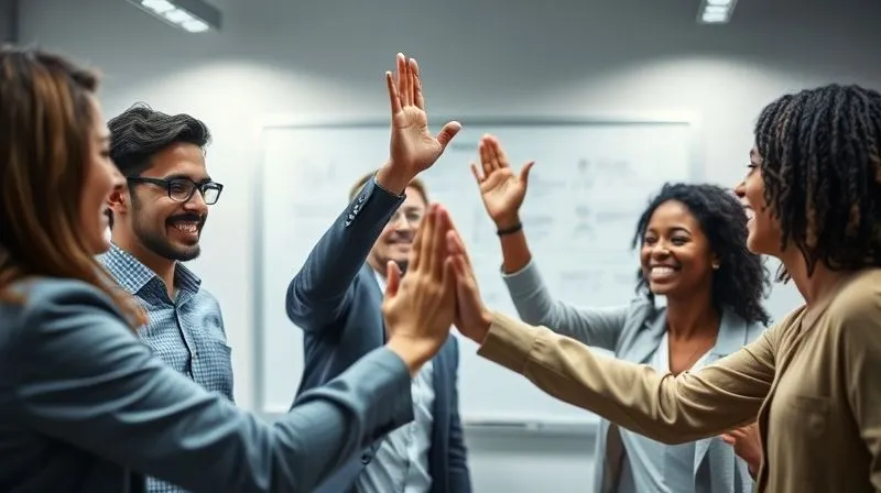 A photorealistic image of a diverse team celebrating a project success in a modern office, with high-fives and genuine smiles. A whiteboard in the background shows a completed project plan. Cinematic lighting, sharp focus on the team's joyful expressions, depth of field blurring the background, 8K hyper-detailed, shot on a high-end DSLR.