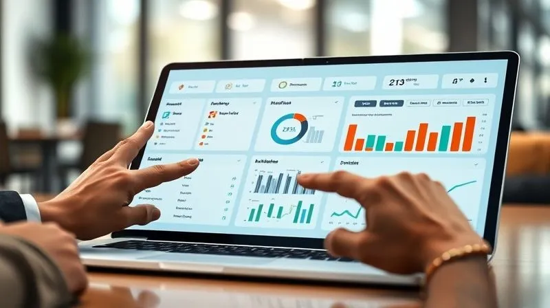 A photorealistic image of a sleek project management dashboard on a tablet and laptop, showing task assignments, deadlines, and progress charts. Hand gestures are interacting with the digital interface, symbolizing seamless workflow. Cinematic lighting, sharp focus on the screens, depth of field blurring a modern office background, 8K hyper-detailed, shot on a high-end DSLR.