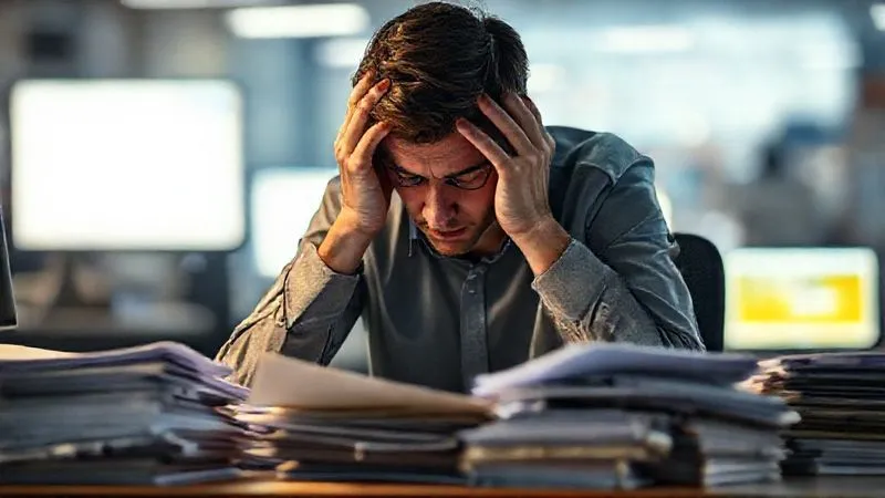 A photorealistic image of a young professional sitting at a desk, head in hands, surrounded by stacks of papers and glowing computer screens, conveying extreme stress and overwhelm. The background is a blurry, fast-paced office environment, emphasizing isolation amidst chaos. Cinematic lighting, sharp focus on the individual, depth of field blurring the background, 8K hyper-detailed. A photorealistic image of a young professional sitting at a desk, head in hands, surrounded by stacks of papers and glowing computer screens, conveying extreme stress and overwhelm. The background is a blurry, fast-paced office environment, emphasizing isolation amidst chaos. Cinematic lighting, sharp focus on the individual, depth of field blurring the background, 8K hyper-detailed.