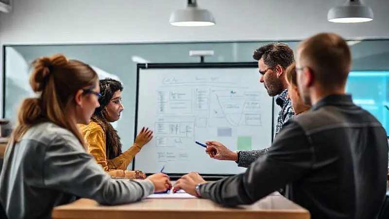A photorealistic, professional photography, 8K, cinematic lighting, sharp focus, depth of field, shot on a high-end DSLR of a diverse group of junior team members actively collaborating around a digital whiteboard, with a senior mentor providing guidance and encouragement. The atmosphere is focused and supportive, with clear communication and visible progress on the screen. Emphasize teamwork and mentorship over individual struggle. A photorealistic, professional photography, 8K, cinematic lighting, sharp focus, depth of field, shot on a high-end DSLR of a diverse group of junior team members actively collaborating around a digital whiteboard, with a senior mentor providing guidance and encouragement. The atmosphere is focused and supportive, with clear communication and visible progress on the screen. Emphasize teamwork and mentorship over individual struggle.