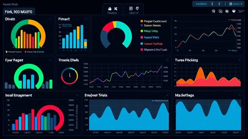 A photorealistic image of a modern executive dashboard displaying various interconnected metrics: financial graphs, customer satisfaction dials, process efficiency timelines, and employee engagement heatmaps. The dashboard is clean, intuitive, and uses vibrant colors for data visualization. Cinematic lighting, sharp focus, 8K hyper-detailed, shot on a high-end DSLR.