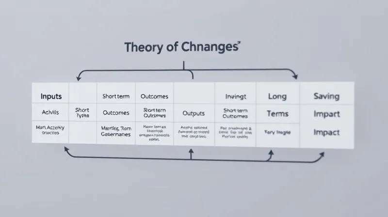 A photorealistic infographic diagram illustrating a 'Theory of Change' model, starting with inputs, leading through activities, outputs, short-term outcomes, medium-term outcomes, and long-term impact, with arrows showing causal links. Professional, clean design, 8K, cinematic lighting, sharp focus, depth of field. A photorealistic infographic diagram illustrating a 'Theory of Change' model, starting with inputs, leading through activities, outputs, short-term outcomes, medium-term outcomes, and long-term impact, with arrows showing causal links. Professional, clean design, 8K, cinematic lighting, sharp focus, depth of field.