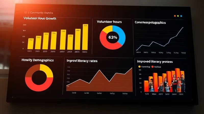 A photorealistic, brightly lit infographic dashboard displaying various community impact metrics: a bar chart showing volunteer hours growth, a pie chart for beneficiary demographics, a line graph for improved literacy rates over time, and a small photo array of successful community projects. Professional, clean, and engaging design. 8K, cinematic lighting, sharp focus, depth of field. A photorealistic, brightly lit infographic dashboard displaying various community impact metrics: a bar chart showing volunteer hours growth, a pie chart for beneficiary demographics, a line graph for improved literacy rates over time, and a small photo array of successful community projects. Professional, clean, and engaging design. 8K, cinematic lighting, sharp focus, depth of field.