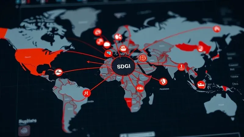 A photorealistic image of a detailed strategy map with interconnected nodes, showing arrows linking business objectives to specific SDG icons, professional photography, 8K, cinematic lighting, sharp focus on the map, depth of field, shot on a high-end DSLR.