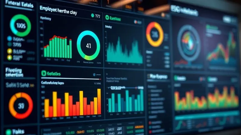 A photorealistic image of a complex data visualization dashboard showing various ESG metrics (e.g., employee retention rates, brand sentiment scores, risk exposure) alongside financial performance indicators, professional photography, 8K, cinematic lighting, sharp focus on the dashboard, depth of field, shot on a high-end DSLR.
