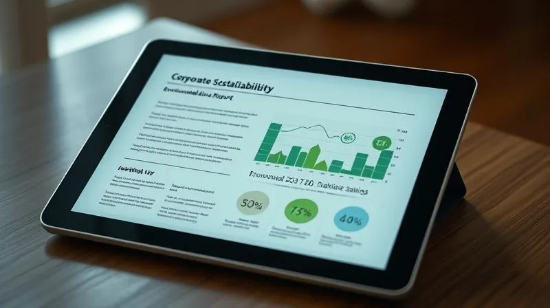 A photorealistic image of a corporate sustainability report open on a tablet, displaying an elegant infographic that visually connects environmental impact data with financial savings and improved public perception, professional photography, 8K, cinematic lighting, sharp focus on the tablet screen, depth of field, shot on a high-end DSLR.