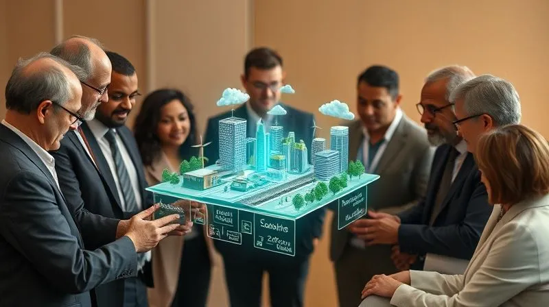 A photorealistic image of a diverse group of business leaders collaborating around a holographic projection displaying a sustainable city model with green infrastructure and renewable energy, symbolizing integrated value creation, professional photography, 8K, cinematic lighting, sharp focus on the projection, depth of field, shot on a high-end DSLR.