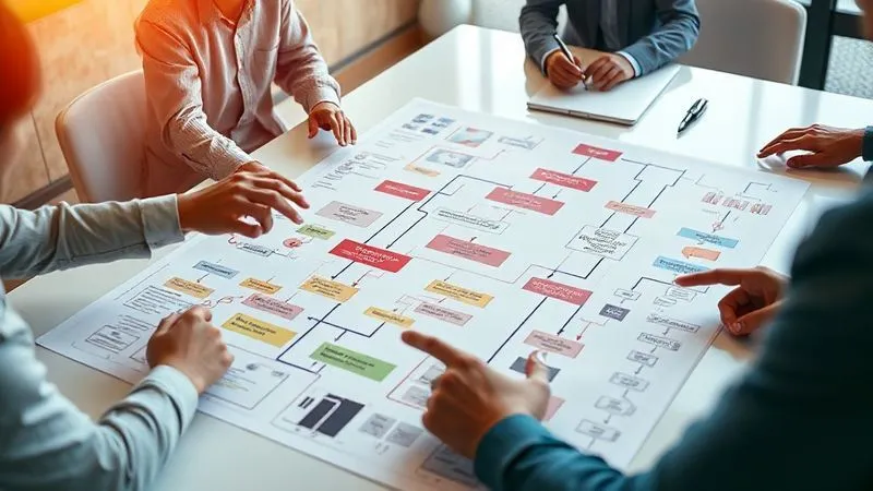 A photorealistic, professional photography, 8K, cinematic lighting, sharp focus, depth of field, shot on a high-end DSLR of a complex yet clear process flowchart diagram, with different colored lanes representing departments, highlighting bottlenecks with red markers, laid out on a modern conference table with diverse hands pointing and discussing, symbolizing collaborative workflow analysis.